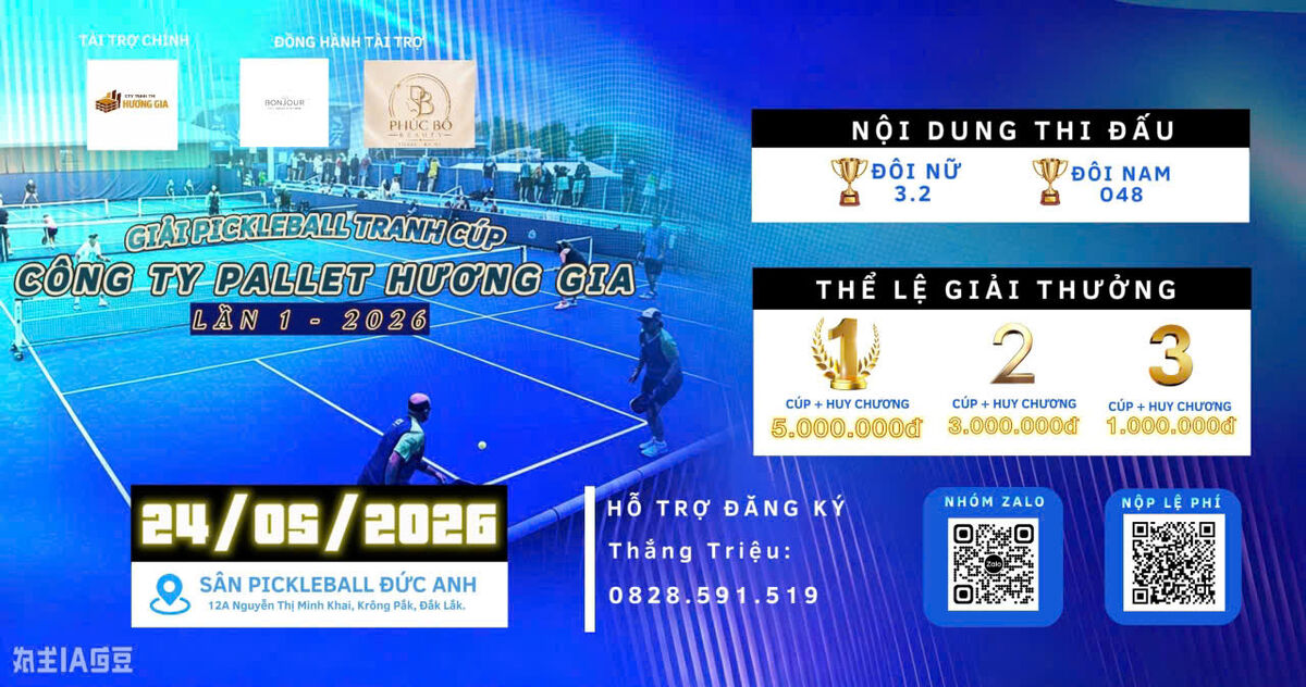 GIẢI PICKLEBALL TRANH CÚP CÔNG TY PALLET HƯƠNG GIA – LẦN I NĂM 2026