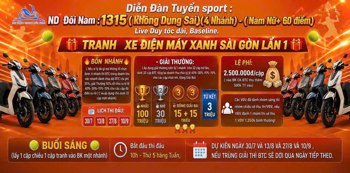 DIỄN ĐÀN TENNIS TUYỂN SPORT.COM - TRANH CÚP XE ĐIỆN XANH SÀI GÒN LẦN 1 NĂM 2026